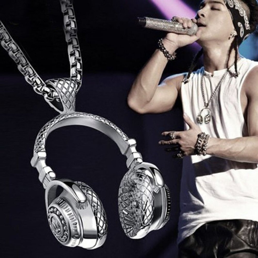 Stainless Steel DJ Music Headphone Pendant Long Chain Hip Hop Rock - Picture 10 of 16